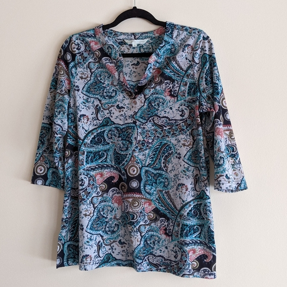 cleo Tops - Cleo Petite - blue & pink paisley shirt